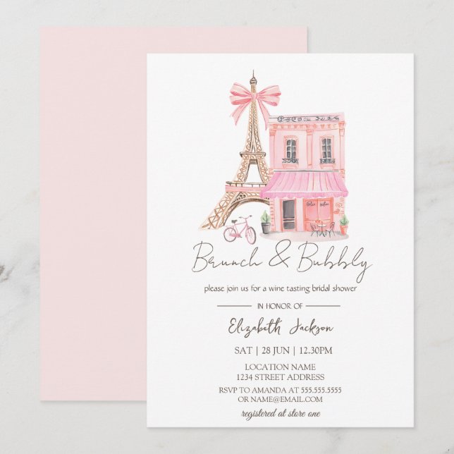 Paris Cafe Watercolor Pink  Brunch and Bubbly Invitation (Front/Back)