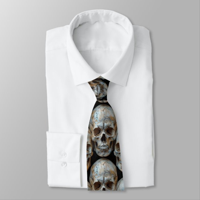 Paris Catacombs Stacked Skulls Halloween Neck Tie (Tied)