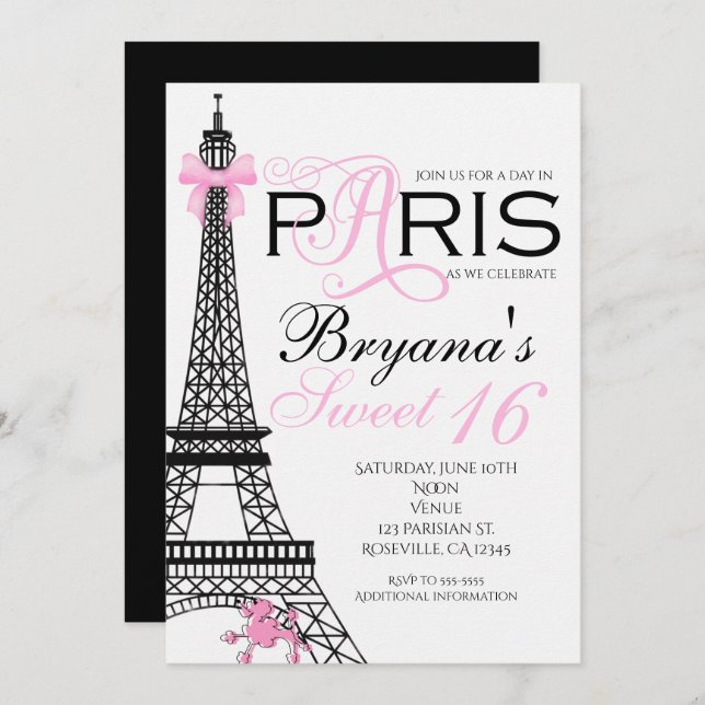 Paris Chic Elegant Pink & Black Party Invitations (Front/Back)