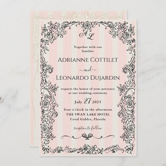 Paris Chic Ornate Pink Stripes Wedding Invitation (Front/Back)