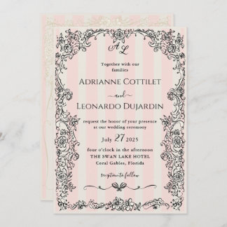 Paris Chic Ornate Pink Stripes Wedding Invitation