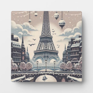 Paris Christmas Poster – Eiffel Tower Snowy Winter Plaque