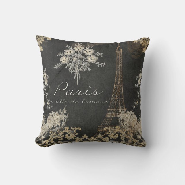 Paris City of Love Eiffel Tower Chalkboard Floral Cushion (Front)