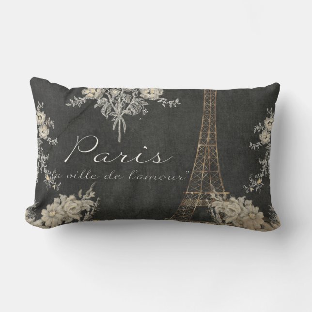 Paris City of Love Eiffel Tower Chalkboard Floral Lumbar Cushion (Front)