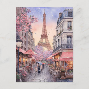 Paris City Street Scene With Eiffle Tower Art Postcard