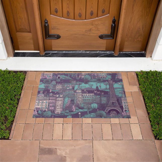 Paris Cityscape in aqua vintage design Doormat (Outdoor)