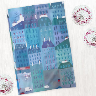 Paris Cityscape Painting in Blue Tea Towel