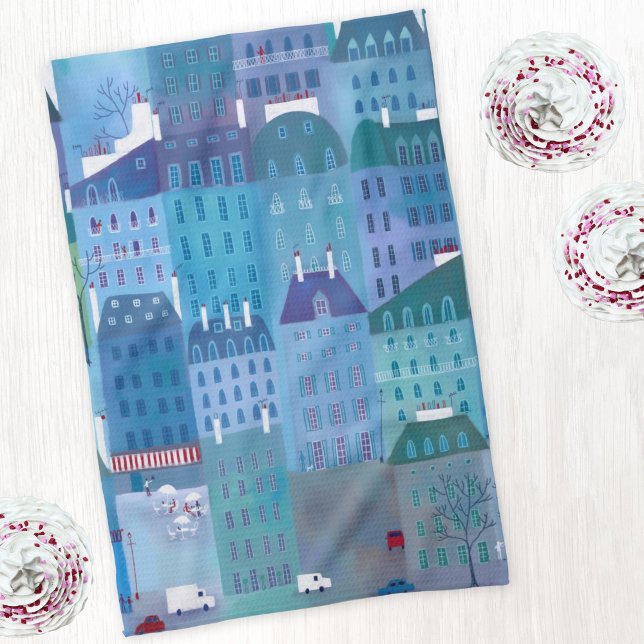 Paris Cityscape Painting in Blue Tea Towel (Paris France blue art kitchen tea towel)