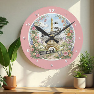 Paris Clock, Eiffel Tower, Pink, French Art Round Clock