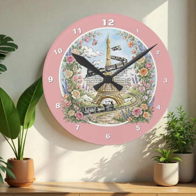 Paris Clock, Eiffel Tower, Pink, French Art Round Clock (Romantic Holiday in Paris Wall Clock, Eiffel Tower / French Art)