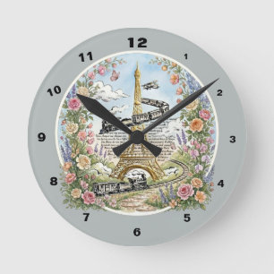Paris Clock, Romantic Eiffel Tower, French Art Round Clock
