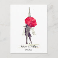 Paris couple Eiffel Tower red umbrella Wedding