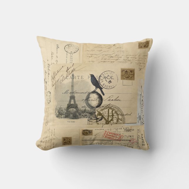 Paris Crow Globe French Postcard Pillow (Front)