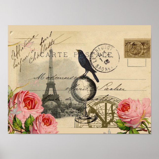 Paris Crow Globe French Postcard Rose Art Print (Front)