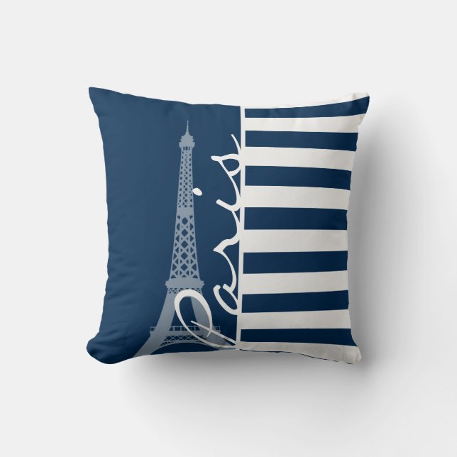 Paris; Dark Midnight Blue Horizontal Stripes Cushion (Front)