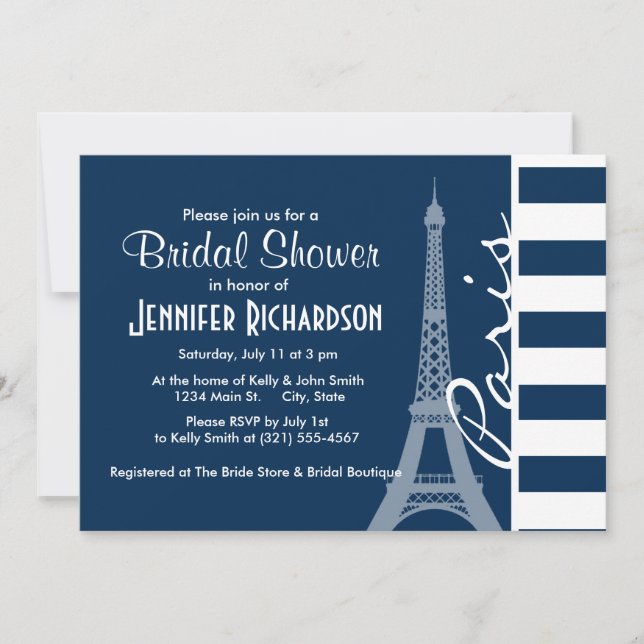 Paris; Dark Midnight Blue Horizontal Stripes Invitation (Front)