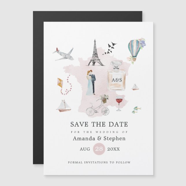 Paris Destination Wedding Monogram Save the Date Magnetic Invitation (Front/Back)