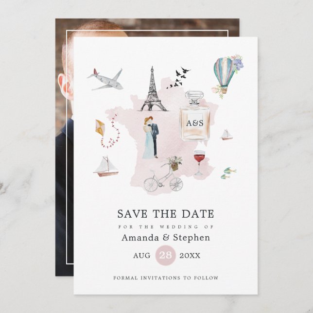 Paris Destination Wedding Monogrammed Photo Save The Date (Front/Back)