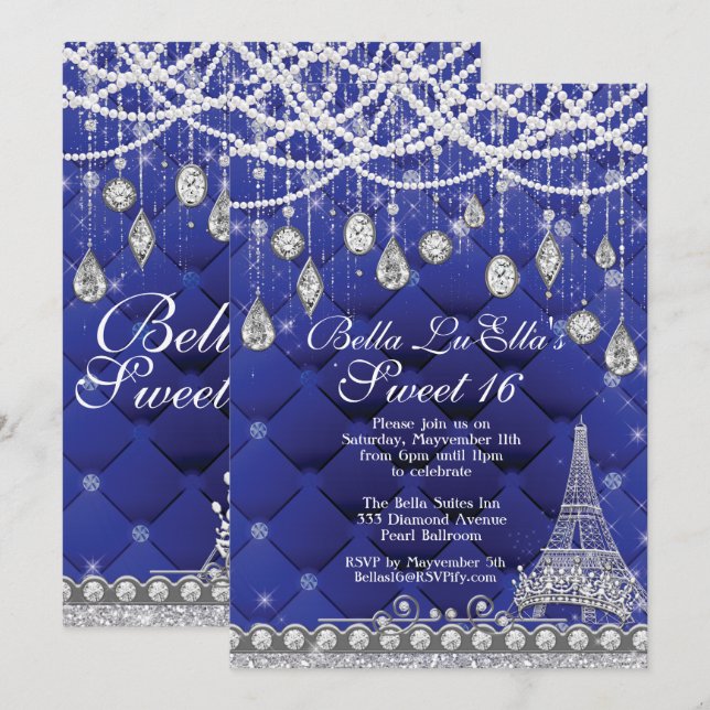 Paris Diamond and Pearls Birthday Party Invitation (Front/Back)