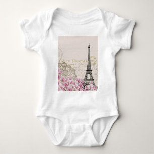 Paris Eifel Tower Square Vintage Pink Roses Art Baby Bodysuit