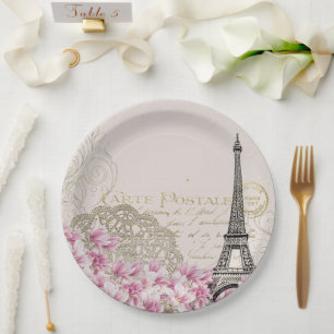 Paris Eifel Tower Square Vintage Pink Roses Art Paper Plate