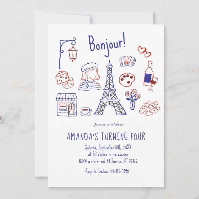 Paris Eiffel Birthday Hand Drawn Invitation  (Front)
