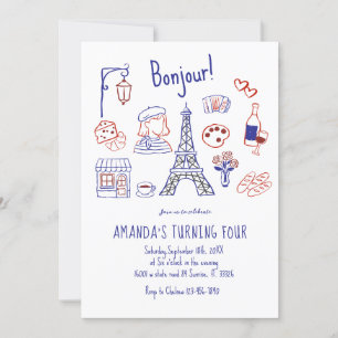 Paris Eiffel Birthday Hand Drawn Invitation 