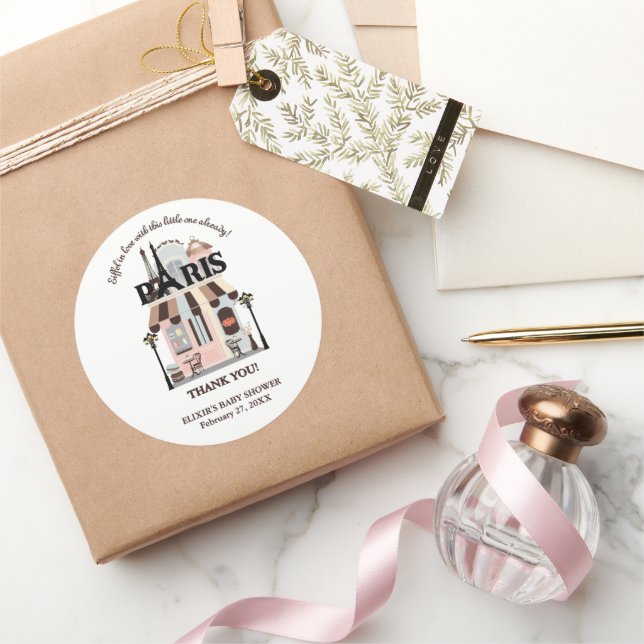 Paris Eiffel in Love French Cafe Baby Shower  Classic Round Sticker (Gifting)