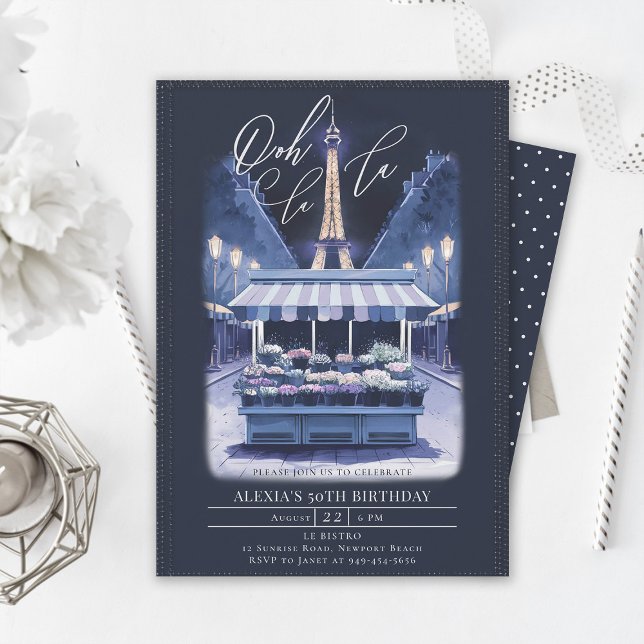 Paris Eiffel Night Floral Watercolor 50th Birthday Invitation (paris theme parisian night 50th birthday party invitation flower stand eiffel tower watercolor)