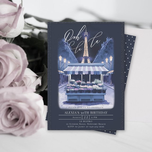 Paris Eiffel Night Flowers Watercolor Birthday Invitation (paris theme parisian night birthday party invitation flower stand eiffel tower watercolor)