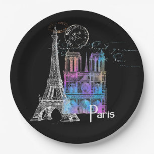 Paris Eiffel Notre Dame Rainbow French Paper Plate