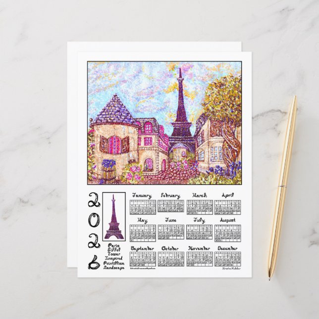 Paris Eiffel Pointillism Landscape 2026 Calendar (Front/Back In Situ)