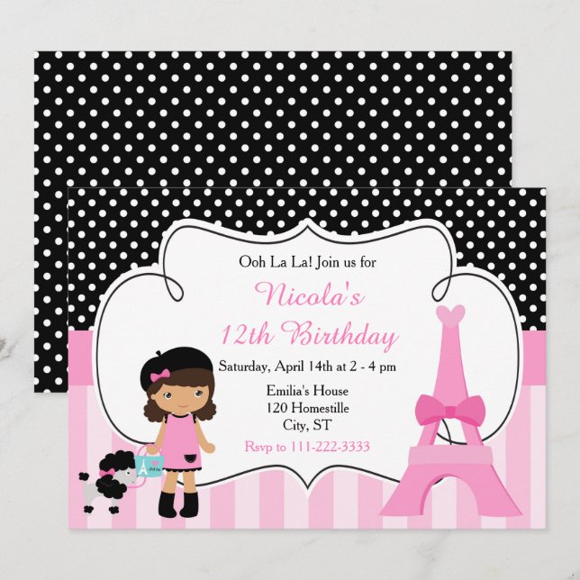 Paris Eiffel Tower African American Girl  Party Invitation (Front/Back)