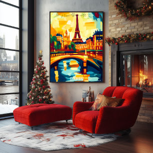 Paris Eiffel Tower and Bridge in Abstract Fauvist Poster