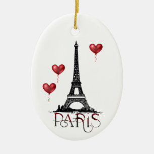 Paris, Eiffel Tower and Red Balloons Christmas Ceramic Ornament