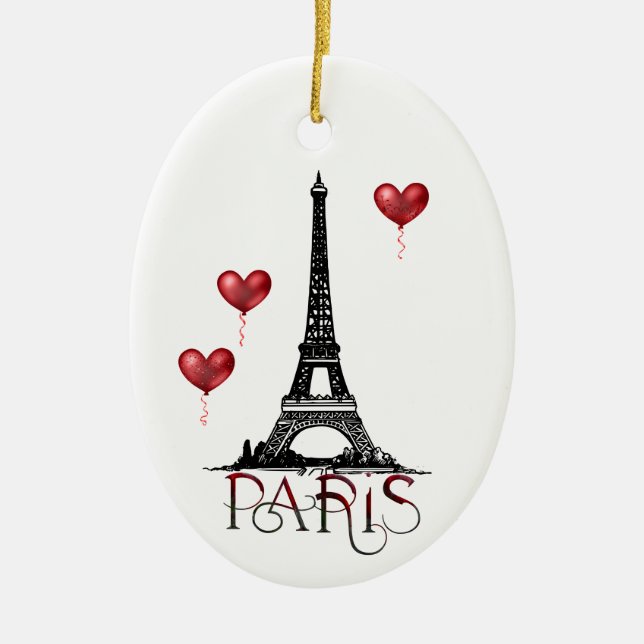 Paris, Eiffel Tower and Red Balloons Christmas Ceramic Ornament (Front)