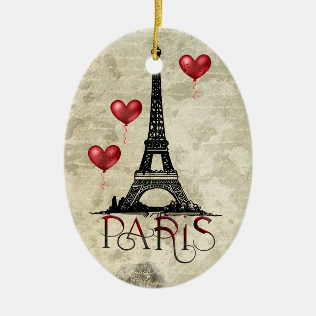 Paris, Eiffel Tower and Red Balloons Christmas Ceramic Ornament (Front)