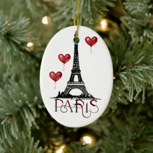 Paris, Eiffel Tower and Red Balloons Christmas Ceramic Ornament