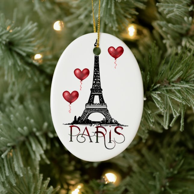 Paris, Eiffel Tower and Red Balloons Christmas Ceramic Ornament (Tree)