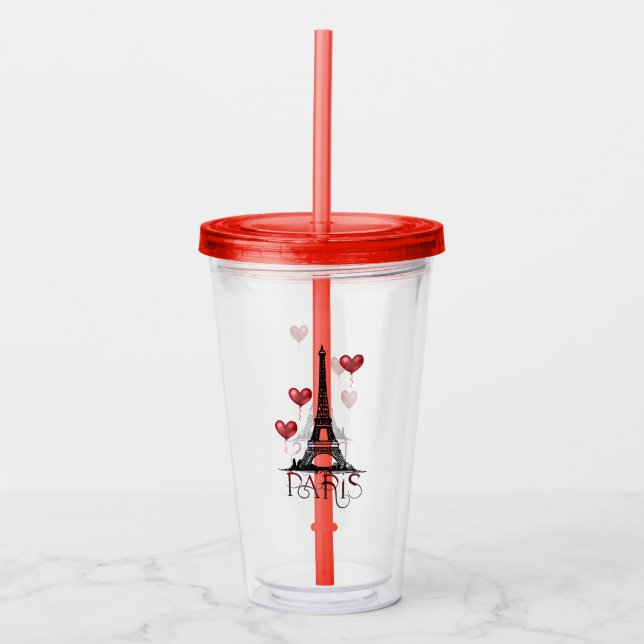 Paris, Eiffel Tower and Red Heart Balloons Acrylic Tumbler (Front)