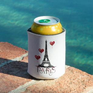 Paris, Eiffel Tower and Red Heart Balloons Can Cooler