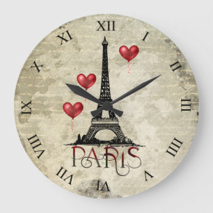 Paris, Eiffel Tower and Red Heart Balloons Script Large Clock