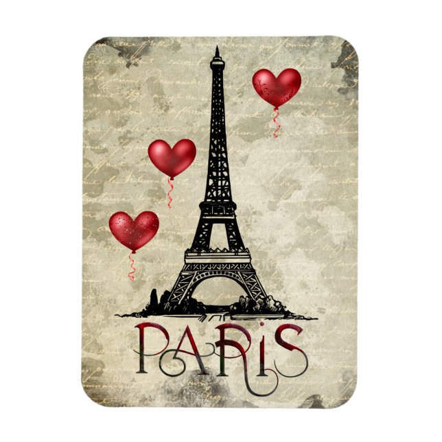 Paris, Eiffel Tower and Red Heart Balloons Script Magnet (Vertical)