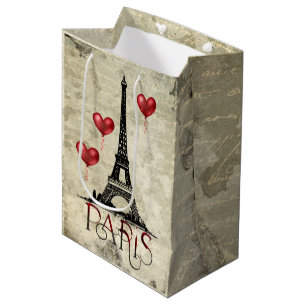 Paris, Eiffel Tower and Red Heart Balloons Script Medium Gift Bag
