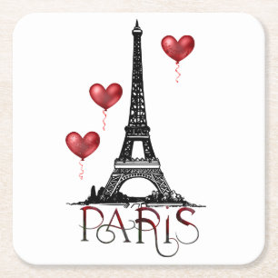 Paris, Eiffel Tower and Red Heart Balloons Square Paper Coaster