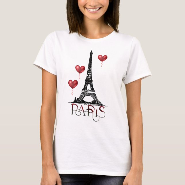 Paris, Eiffel Tower and Red Heart Balloons T-Shirt (Front)