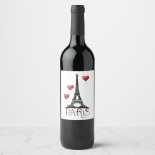 Paris, Eiffel Tower and Red Heart Balloons Wine Label