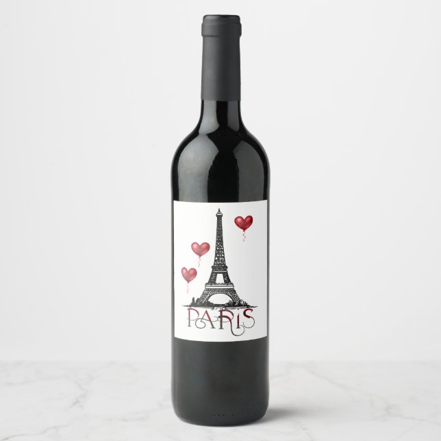Paris, Eiffel Tower and Red Heart Balloons Wine Label (Front)