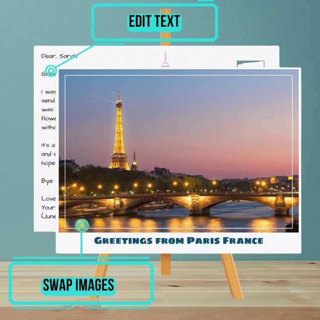 Paris Eiffel Tower at Sunset Postcard (Instead of buying postcards, use this template to customize text & share your own photo.)