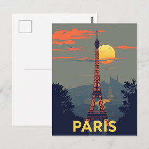 Paris Eiffel Tower at Sunset Vintage France Travel Postcard